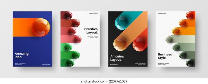 Conjunto de concepto de vector de diseño de portada A4 minimalista. Composición única de plantillas de portada corporativa de esferas 3D.