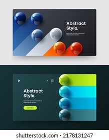 Minimalistic front page design vector concept set. Amazing realistic spheres pamphlet template composition.