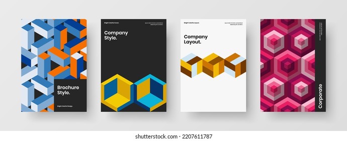 Minimalistic front page vector design layout bundle. Colorful mosaic shapes postcard concept collection.