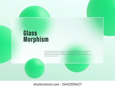 Minimalistic frosted glass panel surrounded by soft green 3D spheres on a pastel gradient background.