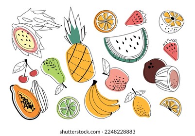 Minimalistic fruits set. Collection of natural and organic products. Graphic element for website. Harvest, tropics and exotics, summer. Cartoon flat vector illustrations isolated on white background