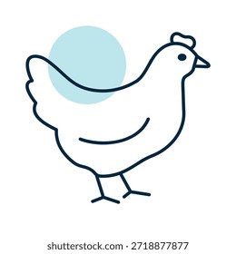 Minimalistic, full body flat line art illustration of a white hen or chicken. Ideal for farm, poultry, food, and agricultural designs.

