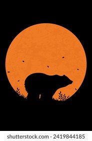 Escenario minimalista de luna llena y silueta de oso. Animales salvajes en la naturaleza. Oso pardo con luna roja.