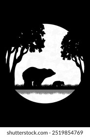Minimalistic full moon skyscape and bear silhouette. Wildlife animals in nature