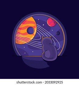 Minimalistic futuristic illustration of a cat looking at space from a porthole. Black cat, planets, rings, satellites.