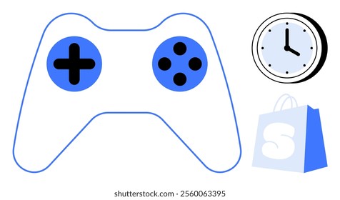 Minimalistic game controller with blue accents next to a clock and shopping bag signifies balancing gaming, time management, and shopping. Ideal for gaming, time management, e-commerce, scheduling