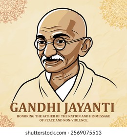 A minimalistic Gandhi Jayanti design featuring a detailed illustration of Mahatma Gandhi with traditional Indian motifs and a soft beige background