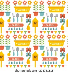 Minimalistic garden pattern with tools, flowers, fruits and garden garlands in a flat, cartoon style. Seamless pattern garden, farm, planting. Vector pattern.