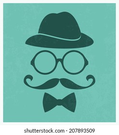 Minimalistic gentleman illustration with hat glasses and mustache - hipster style