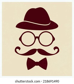 Minimalistic gentleman illustration with hat glasses and mustache - hipster style