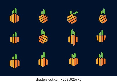 Minimalistic geometric agricultural logo in the style of pixel art, combining organic and digital aesthetics