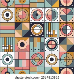 Minimalistic geometric artwork with a grid layout featuring circles, triangles, and polygons. Pastel and earth tones create a modern, versatile design perfect for backgrounds and posters.