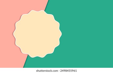 Minimalistic Geometric Background with Scalloped Label. diagonal banner template. Dual-Tone Pink and Green Abstract Design. Modern Pastel Background with Central Label. Elegant Scalloped-Edge Label
