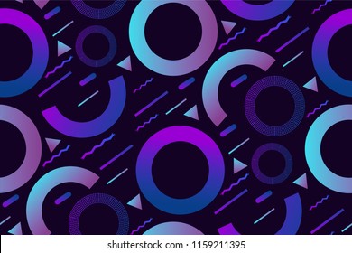 Minimalistic geometric background in the style of Memphis. Seamless vector pattern. Template with bright neon pastel shapes, circles, semicircles, zigzags on a purple background. Eps10 