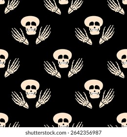 Minimalistic geometric design Seamless pattern with  skull  on black background. Mexican sugar skull. Halloween pattern. Dia de los muertos. Perfect for fabric, textile and packaging 