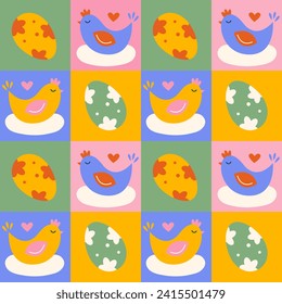 Minimalistic geometric Easter pattern with eggs and chicks. Bright color modern design background. Vector illustration