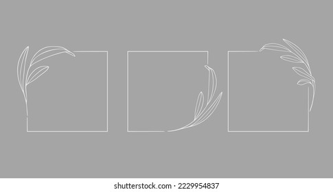 Minimalistic geometric floral empty frames. Calligraphic square shapes with branches and flowers. Elegant herbs or blossoms. Vector botanical outline borders set