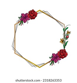 Minimalistic geometric floral empty frames. Calligraphic round or square shapes with branches and flowers. Elegant herbs or blossoms. Vector botanical outline borders