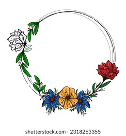 Minimalistic geometric floral empty frames. Calligraphic round or square shapes with branches and flowers. Elegant herbs or blossoms. Vector botanical outline borders