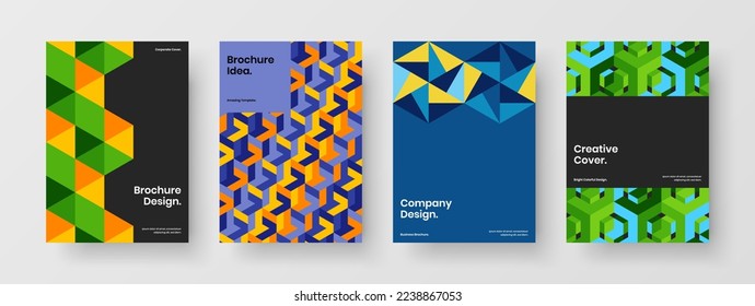 Minimalistic geometric hexagons handbill concept composition. Clean book cover A4 design vector template bundle.