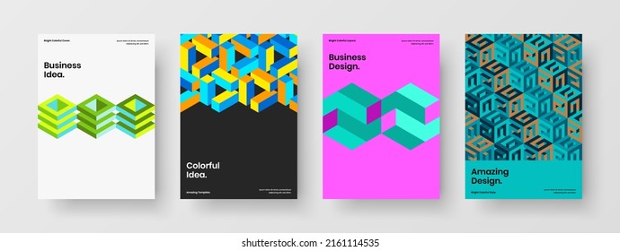 Conjunto de folletos de hexágonos geométricos minimalistas. Composición de ilustraciones de vectores de folletos corporativos multicolores.