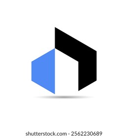 Minimalistic geometric logo resembling the shape of a house or building. It features a blue hexagonal element on the left, representing the front face, and a black angular shape on the right, forming 