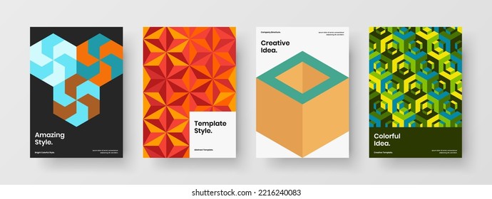 Minimalistic geometric pattern corporate brochure illustration bundle. Original placard A4 vector design template collection.