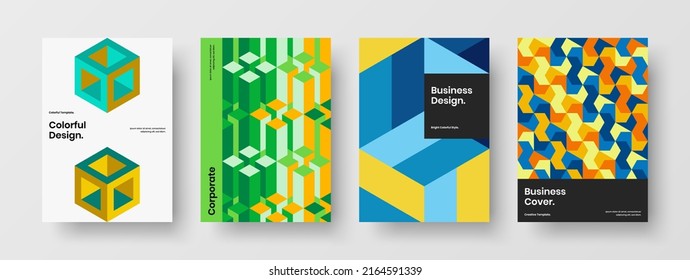 Minimalistic geometric pattern corporate cover illustration bundle. Multicolored placard A4 vector design concept collection.