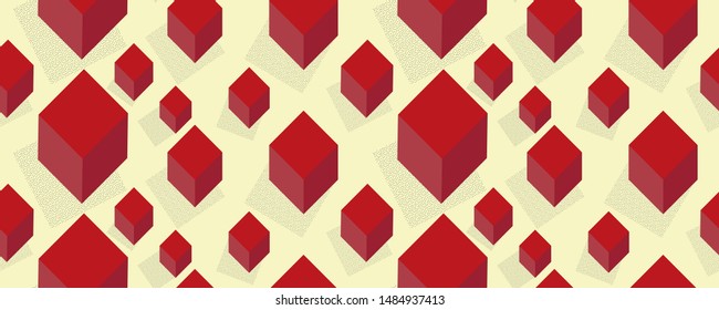 Minimalistic geometric pattern with cubes of rich Burgundy color on a light background. Modern fashion trends seamless print. Isometric abstract background. Vector graphic design.