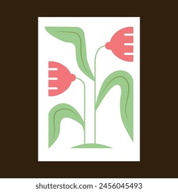 A minimalistic geometric poster with flowers and leaves in soft colors. Interior art work.