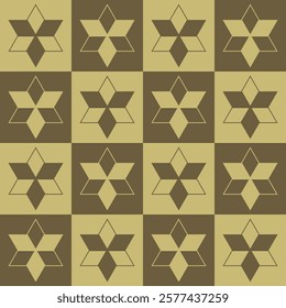 Minimalistic geometric quilt pattern with alternating dark brown and light yellow squares,with symmetrical star shapes for a clean and modern design. Vector monochrome illustration