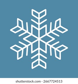 Minimalistic geometric snowflake vector illustration. Simple white winter symbol on blue background, flat design, isolated and decorative
