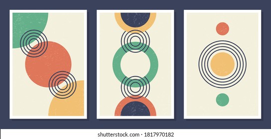 Minimalistic geometric vector art wall posters. Set of minimal 20s geometric abstract contemporary posters vector template with primitive shapes elements ideal for wall decoration modern hipster style