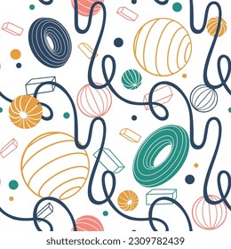 Minimalistic geometrical vector seamless pattern with soaring in weightlessness geometric shapes, bulk rings, spheres and serpentine thread. Futuristic retro background