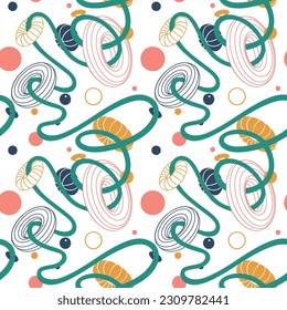 Minimalistic geometrical vector seamless pattern with soaring in weightlessness geometric shapes, bulk rings strung on a thread like beads. Futuristic retro background