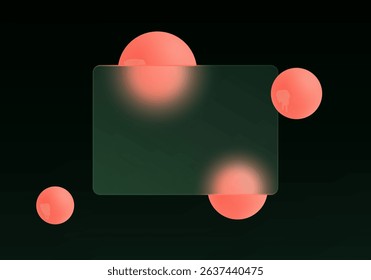 Minimalistic glass morphic design with dark green matte bank card and soft coral 3D spheres, perfect for fintech, UI or payment card visualizations.