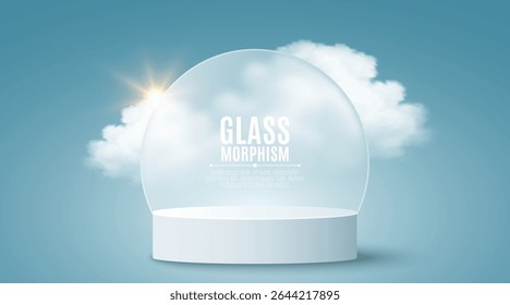 Minimalistic glass morphism podium on a soft blue background with realistic clouds and sunlight effect. Elegant translucent glass shape for product display, branding, or presentation design. Vector.