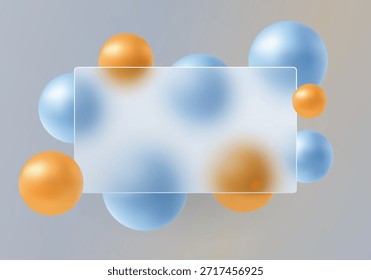 Fondo de estilo de morfismo de vidrio minimalista con panel rectangular transparente y esferas flotantes de azul y oro sobre fondo de gradiente suave.