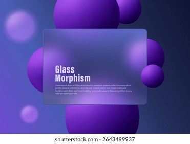 Minimalistic glassmorphism background with smooth purple spheres and transparent panel on a soft gradient, vector illustration