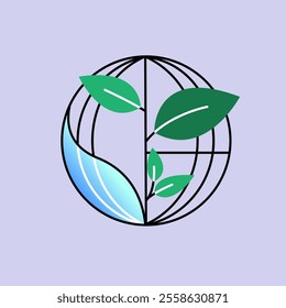 Minimalistic globe with green leaves and a blue gradient, representing ecology, sustainability, and environmental conservation. Symbol of eco-friendly initiatives and global nature care