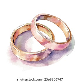 Minimalistic gold wedding on engagement rings vector illustration. One for wife or bride and one for husband or groom.