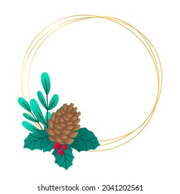 Minimalistic golden Christmas round frame with fir cone, leaves and berries isolated on white background. Christmas decor. Round wreath with floral elements