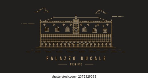 Minimalistic golden line-art landmark icon of the Doge's Palace in Venice, Italy