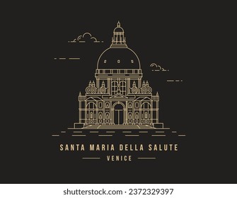 Minimalistic golden line-art landmark icon of the Santa Maria della Salute church in Venice, Italy
