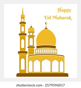 A minimalistic golden mosque design featuring architectural elements with Eid Mubarak greetings, perfect for Islamic and festive themes celebrating the joyous occasion.