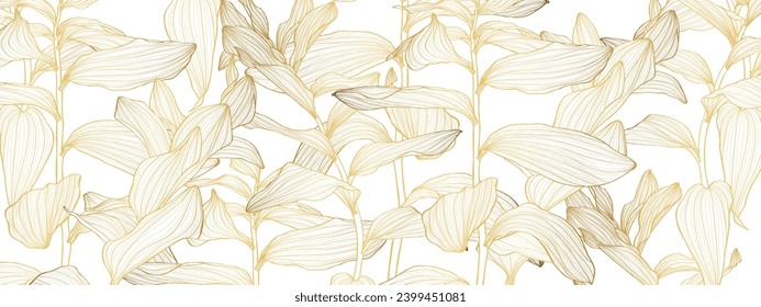 Minimalistic Golden pattern design, greeting, invitation card template design, tropical plant, Solomon's seal (Polygonatum multiflorum), hand drawn doodle graphics on white background.