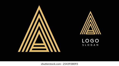 Minimalistic golden triangle logo template, concentric lines creating geometric pattern icon. Modernity, elegance, luxury emblem for high-end branding and premium businesses. Vector illustration