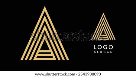 Minimalistic golden triangle logo template, concentric lines creating geometric pattern icon. Modernity, elegance, luxury emblem for high-end branding and premium businesses. Vector illustration