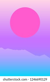 Minimalistic gradient background Vector illustration Landscape with bright pink sun above mountain tops on blue and purple backdrop Trendy template for posters and banners