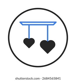 A minimalistic graphic design features two stylized hearts suspended from a horizontal line within a circular frame. The contrast of blue and black against a white background creates a clean, modern